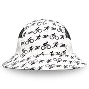 White bucket hat with black graphic patterns on a white background