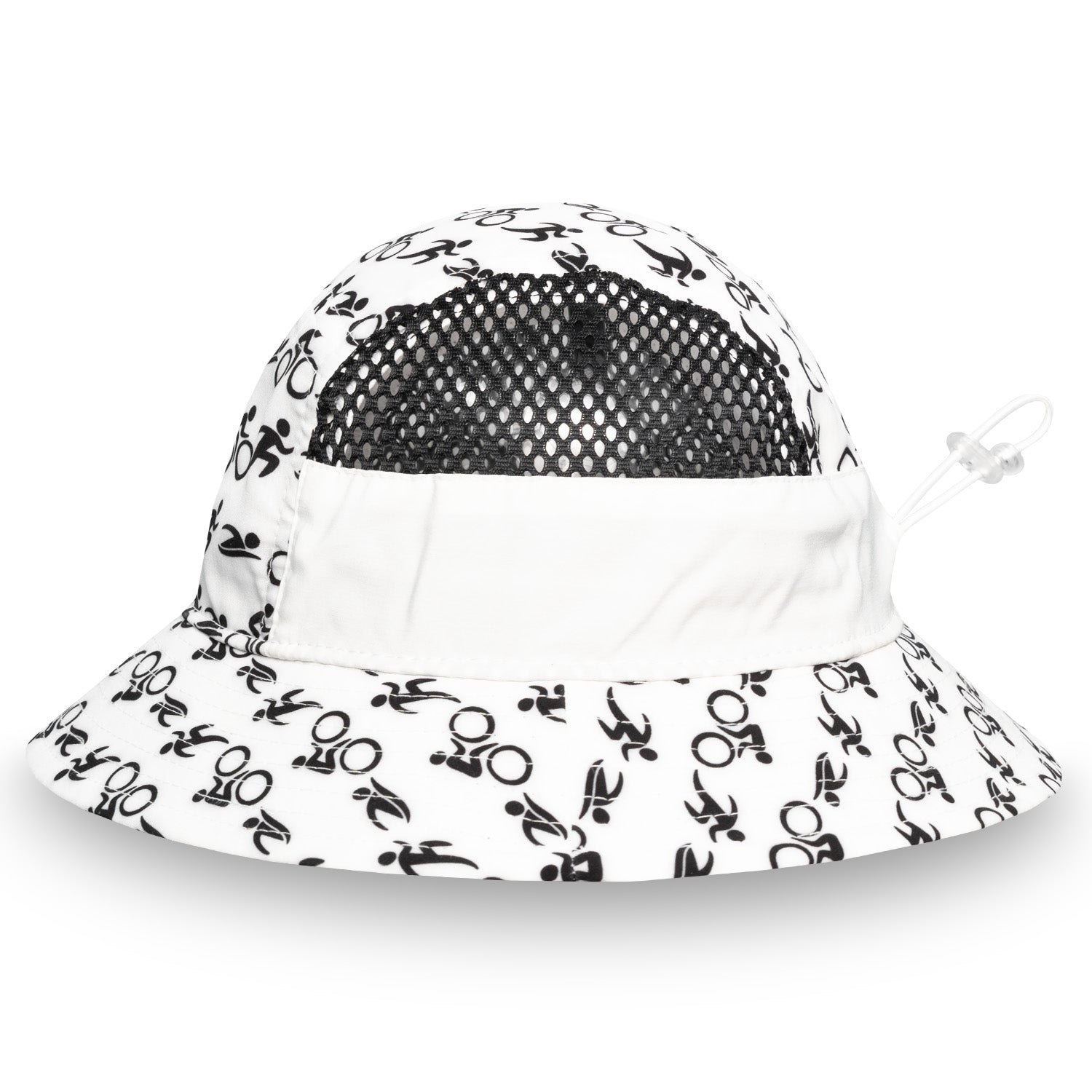 White bucket hat with black pattern on a white background