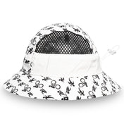 White bucket hat with black pattern on a white background