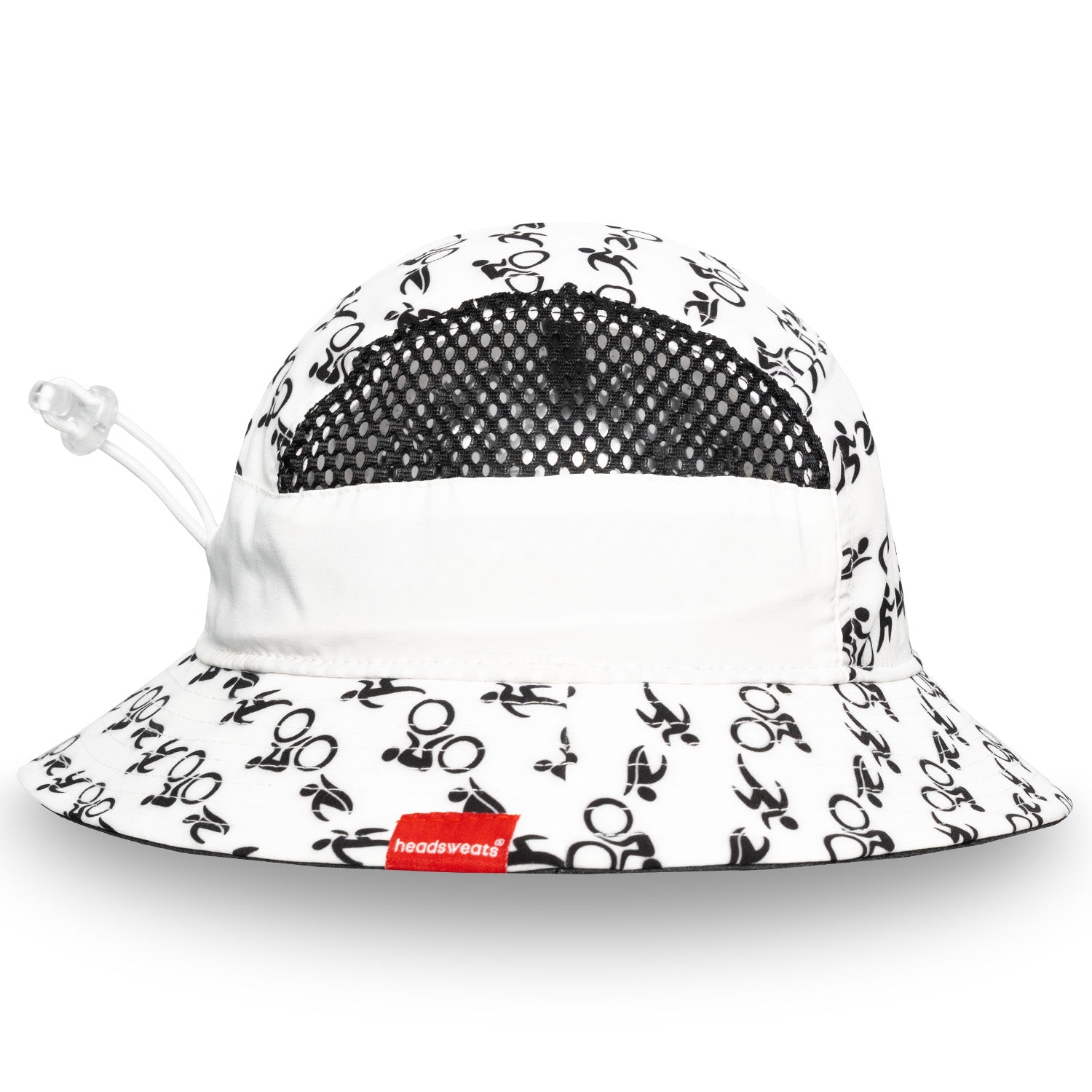White bucket hat with black pattern and mesh back on a white background