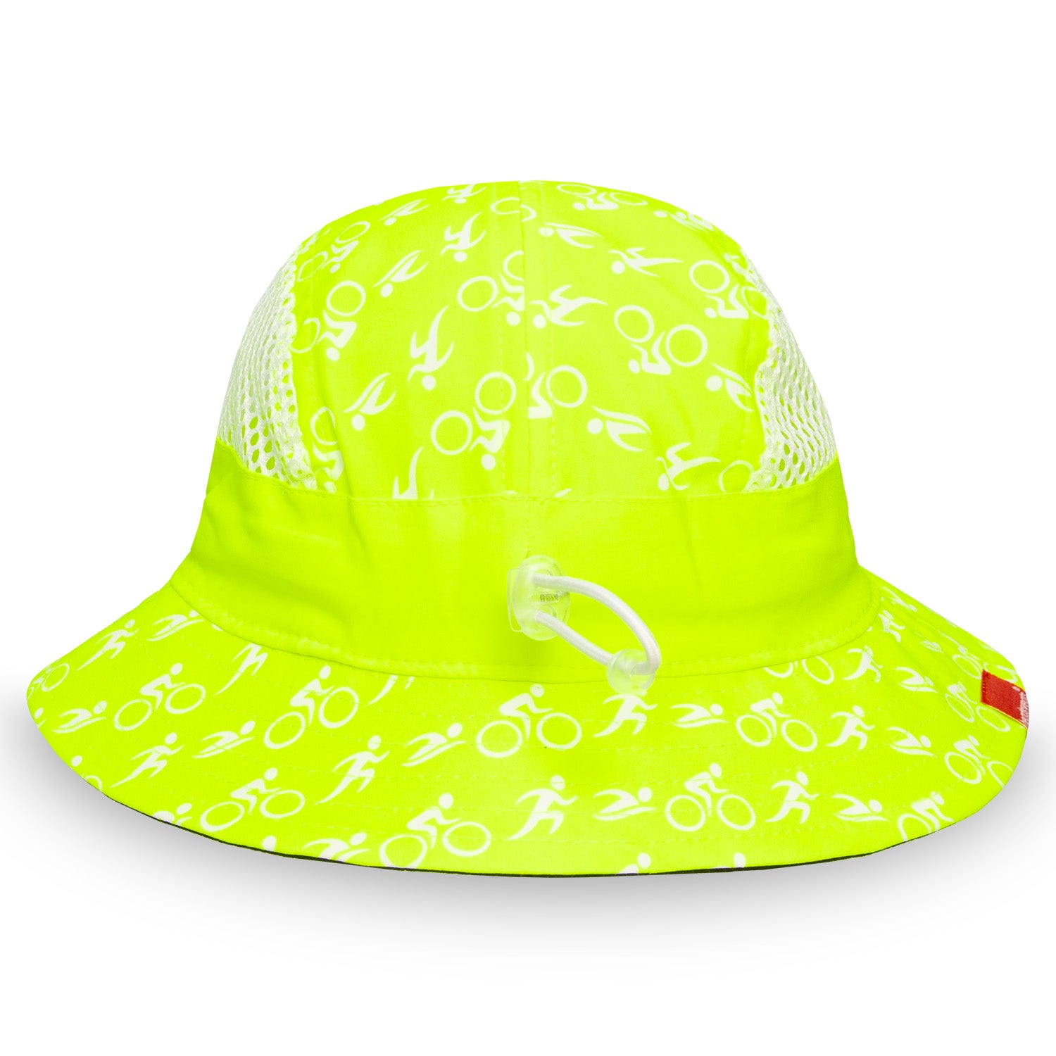 Yellow bucket hat with white patterns on a white background